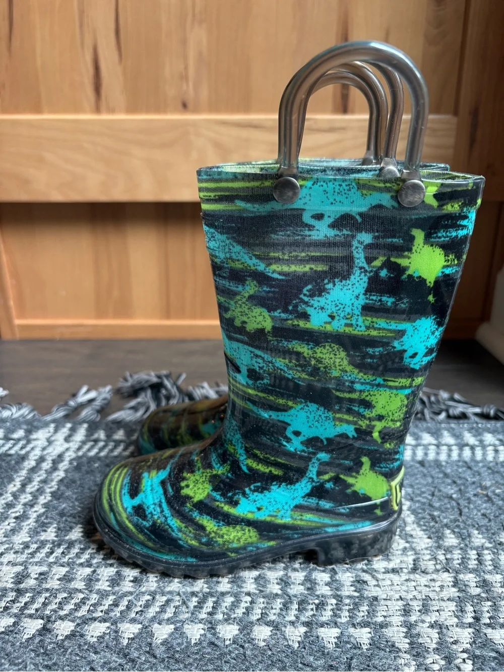 Western Chief Kids Teal & Lime Patterned Rain Boots with Pull Handles